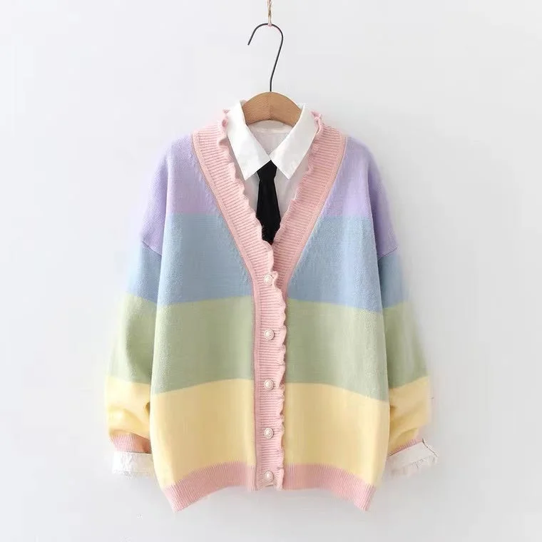 Rainbow, Stripe, Wavy Agaric Lace V-neck Sweater, Blazer Cardigan    S4364 Women's Trendy Jacket