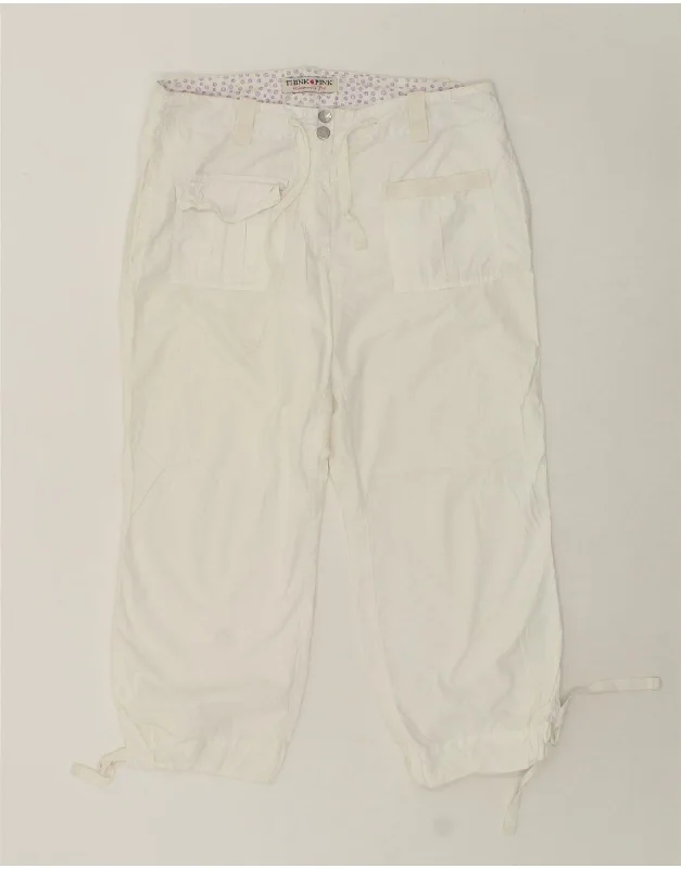 THINK PINK Womens Straight Capri Trousers W32 L24 White Cotton Trousers versatile functional