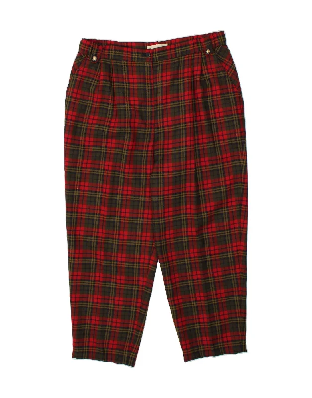 VINTAGE Womens Pegged Cropped Trousers US 18 2XL W36 L25 Red Check Trousers Summer Linen