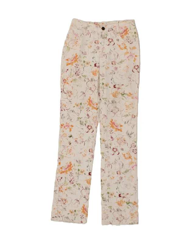 VINTAGE Womens Straight Casual Trousers IT 40 Small W26 L32 White Floral Trousers sophisticated sleek