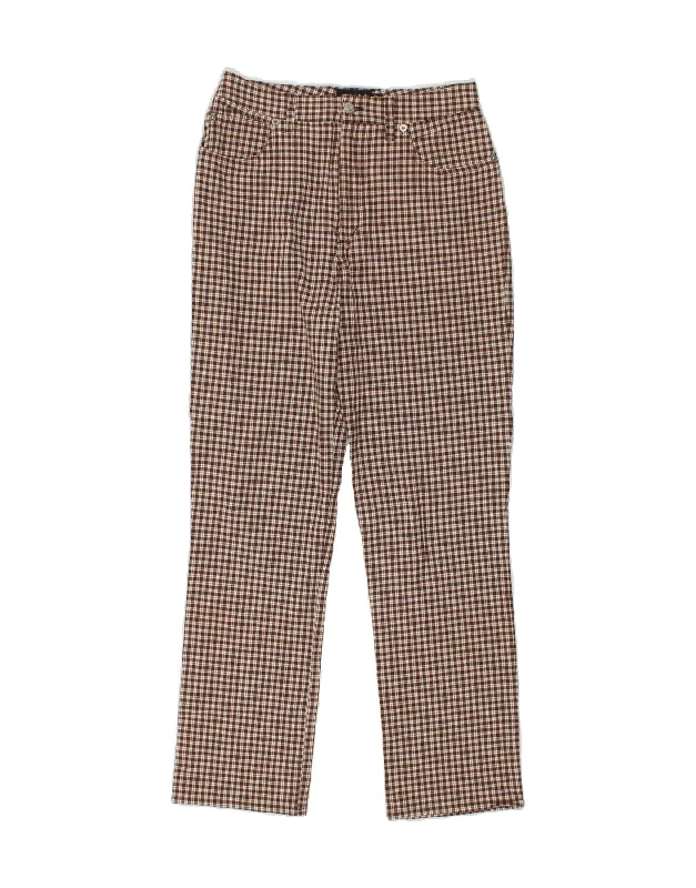 VINTAGE Womens Straight Casual Trousers W30 L29 Brown Check Cotton Trousers practical durable